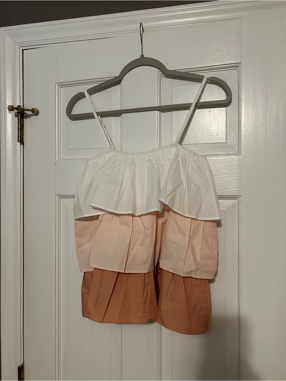 Pink Lily Colorblock Tiered Ruffle Cami in White, Peach & Tan